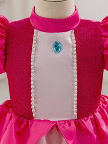 SHEIN Glamorique Kids Young Girl' Princess Dress,Satin Puff Sleeve Blush Pink Summer First Birthday Formal Dress With Pearl Ribbon,Gems,Lace Trim,Kids Party Wedding Outfits - Hot Pink - View 3