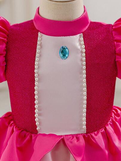 SHEIN Glamorique Kids Young Girl' Princess Dress, Satin Puff Sleeve Dress In Rose Pink, With Pearl Ribbon, Gems, Lace Trim, Suitable For Birthday Party, Wedding, Holiday, Cute And Elegant
