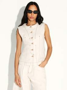 KSTM Women's Sleeveless Denim Waistcoat Button Front Vest With Contrast Stitching Detail - Apricot - View 6