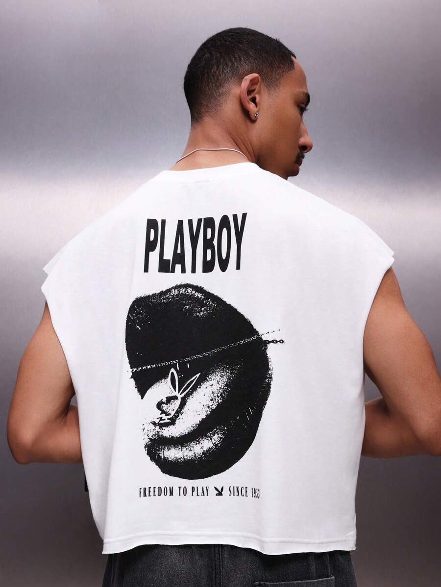 PLAYBOY X SUMWON Camiseta sin mangas de algodón con estampado del logotipo "Libertad para jugar" en la espalda, estilo de verano - Blanco - Ver 1