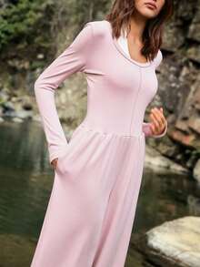 Medorelle 女士纯色圆领长袖阔腿宽松连体裤 - 粉色 - 查看 6