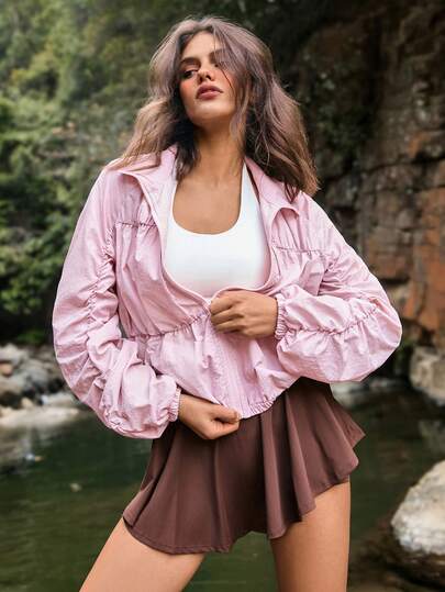 Medorelle Women's Lightweight Outdoor Jacket With Stand Collar, Zipper, Pleated Bubble Sleeves, Elastic Hem, Drawstring, Pockets, Casual Utility Jacket For Autumn