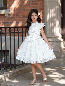 Elladie kids 夏季女童白色蕾丝提花连衣裙，饰有蓬松绒球，优雅舒适，适合日常穿着、聚会和派对。 - 白色 - 查看 5