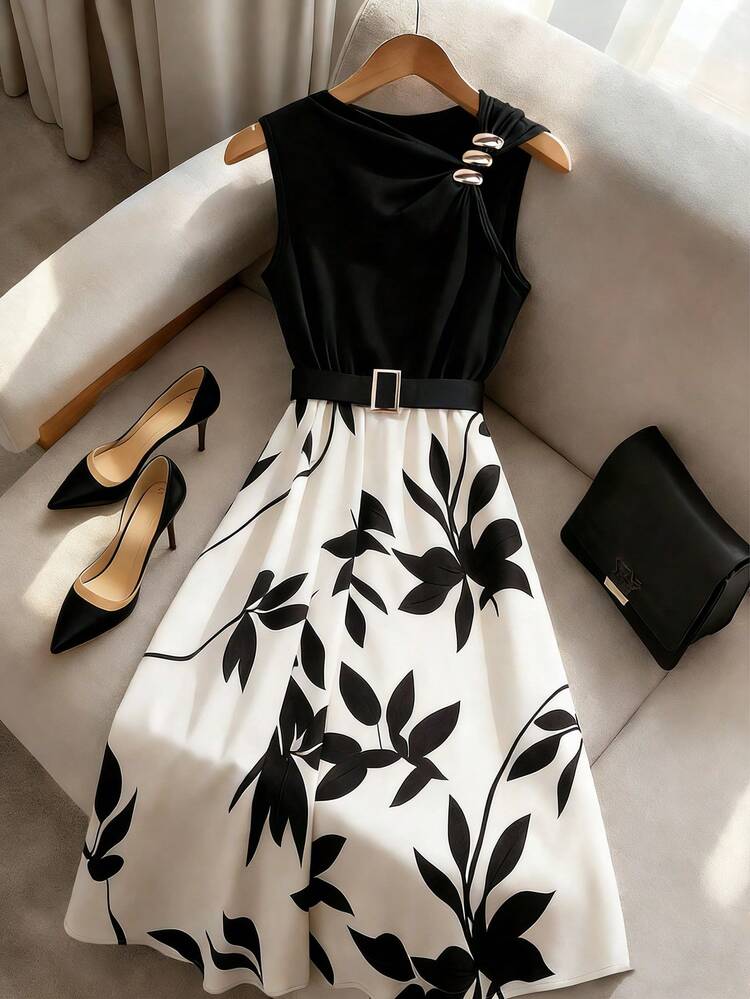 GlowEve Robe mi-longue sans manches à imprimé floral noir et abricot, patchwork, avec boucle métallique à motif feuille, col asymétrique, taille cintrée, élégante, décontractée, idéale pour les vacances, les sorties, les rendez-vous, le style vintage et polyvalent, parfaite pour le printemps/l'été - Multicolore - Voir 5