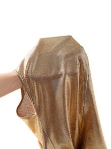 SHEIN Clasi 女士圆领金属装饰褶皱开衩优雅腰身连衣裙，适合派对穿着 - 金色 - 查看 9