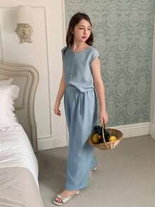 DAZY Conjunto de blusa de cuello redondo y pantalones de pierna ancha para niñas preadolescentes - Azul - Ver 7