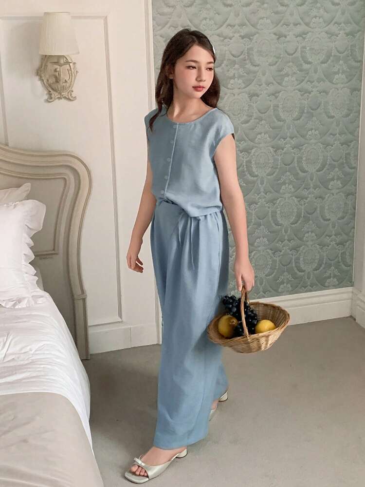 Tween Girls Summer New Round Neck Shirt & Wide Leg Pants Set