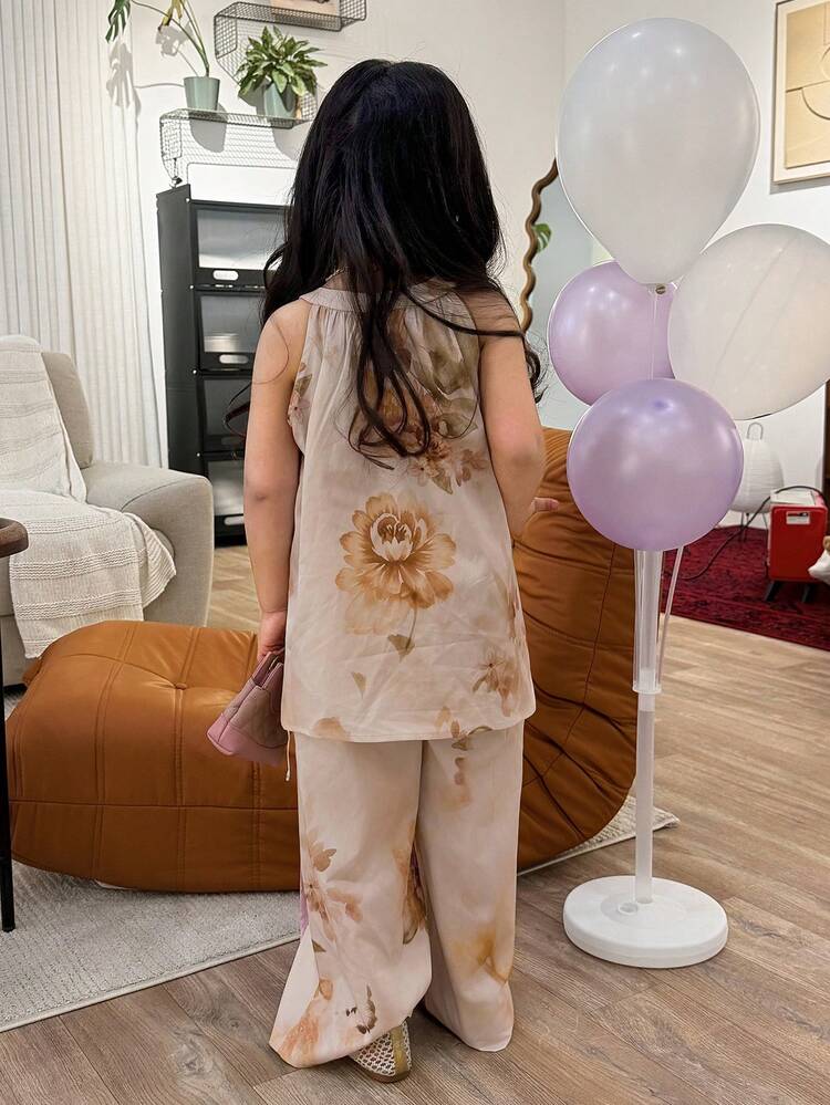 Young Girl Elegant Floral Print Sleeveless Shirt And Pants Set, Summer