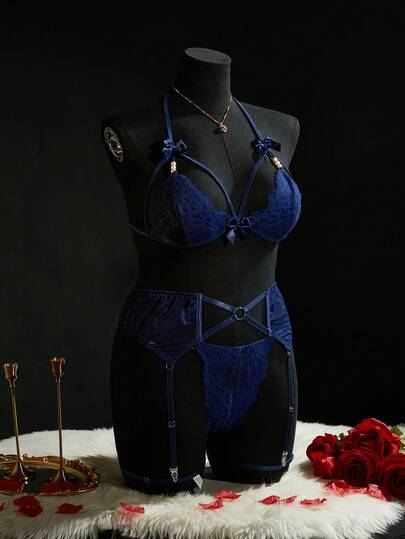 SpicyHot 5pcs Plus Size Lace Patchwork Lingerie Set