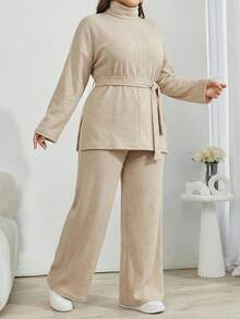 Solid Color Turtleneck Casual Soft Form Modest Sweater 2pcs/Set Lounge Date Night Apricot Autumn - Beige - View 5