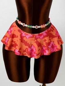 Swim Mod 2026 Orange Floral Spaghetti Strap Random Print Side Slit Jumpsuit Skirt Women's Bikini Swimwear 2-Piece Set - Multicolor - View 4