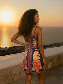 CAJUNI Vestido de tirantes con estampado de palmeras sexy y nudo en la cintura para vacaciones de mujer - Multicolor - Ver 2