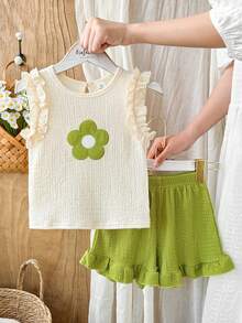 SHEIN Vintaside Kids 女童（小号）针织提花象牙色荷叶边吊带背心和粉色荷叶边短裤套装，可爱迷人的宝宝夏季服装 - 綠色 - 查看 4