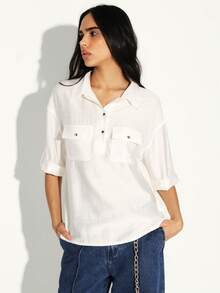 KSTM White Button Up Blouse With Chest Pockets And Roll Up Sleeves For Casual Office Wear And Weekend Styling - White - View 1