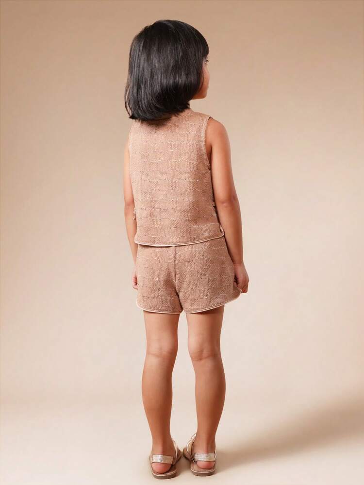 Girls Crochet Tank Top And Shorts Co-Ord Set Summer Two Piece Outfit Sleeveless Casual Wear Beige Textured Matching Set