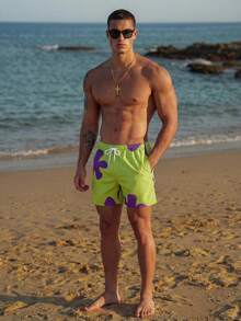 Manfinity EZcore Plus Size Men's Floral Print Draw-String Waist Beach Shorts Graphic Pool Shorts For Vacation,Hawaiian - Green - View 2