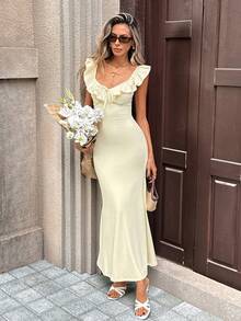 Pariaura 2026 Summer New Sweet Tie Ruffle Hem Dress, Soft Comfortable Fabric In Pale Yellow, Romantic Vacation Style, Wide Collar With Ruffle Trim, Adjustable Ruffle Shoulder Straps, Backless Lace-Up Design, Bow Accent On Front, Slimming Fit, French Elegant Dress, Romantic Vacation Dress, Ins-Inspired Dress Cream Maxi Dress Elegant Maxi Dress Ruffle Maxi Dress Elegant Summer Dress Elegant Spring Dress - Cream - View 6