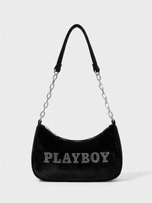 Missguided x Playboy Bolso de hombro con cadena y logo de rhinestone para mujer - Negro - Ver 1