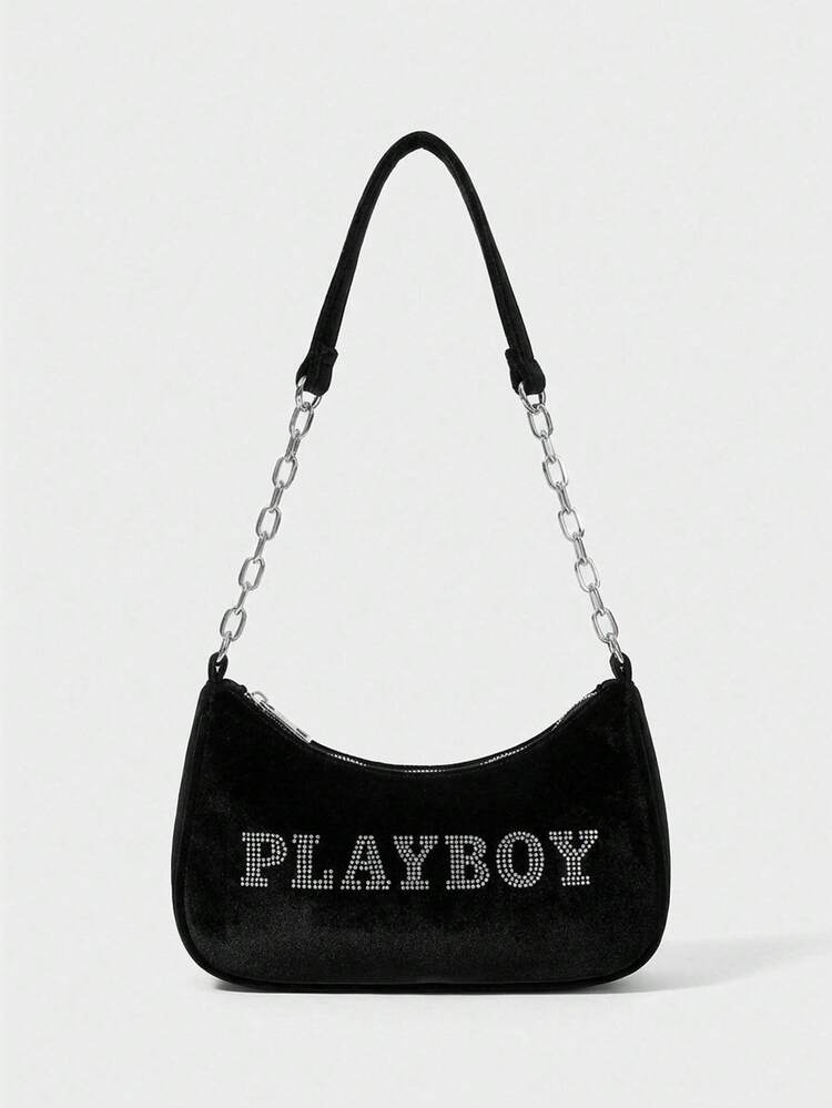 Missguided x Playboy Rhinestone Embellished Hobo Shoulder Bag With Chain Strap And Logo Text For Evening Party Occasions Fashion Accessory