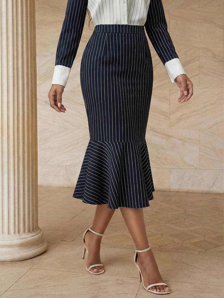 Women's Elegant Navy Blue & White Striped Patchwork Waist Flared Midi Skirt, Spring/Summer