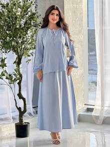 Mulvari 女士蕾丝边系领灯笼袖上衣和半裙休闲两件套 - 藍色 - 查看 3