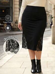 ELLERISSA Curve Elegant Contrast Lace Hip Detail Pencil Skirt For Women, Black High Waist Lace Trim Bodycon Midi Skirt, Work Formal Skirt, Plus Size Bottoms For Women, Office Outfits, Wedding Guest Skirts, Lace Pencil Skirt, Professional Wear, Casual Daily Wear, Vacation Outfits, Lace Midi Skirt - Black - View 1