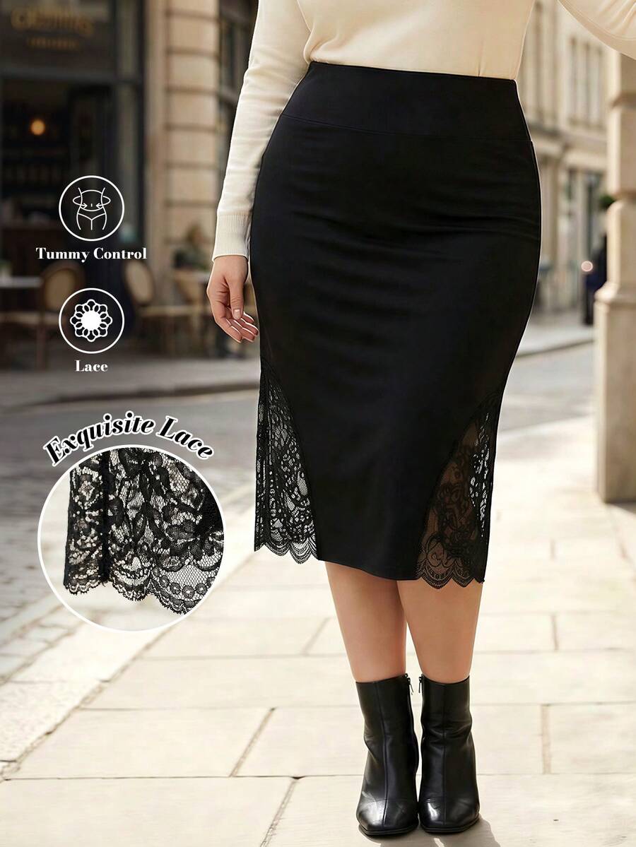 ELLERISSA Curve Elegant Contrast Lace Hip Detail Pencil Skirt For Women, Black High Waist Lace Trim Bodycon Midi Skirt, Work Formal Skirt, Plus Size Bottoms For Women, Office Outfits, Wedding Guest Skirts, Lace Pencil Skirt, Professional Wear, Casual Daily Wear, Vacation Outfits, Lace Midi Skirt - Black - View 1