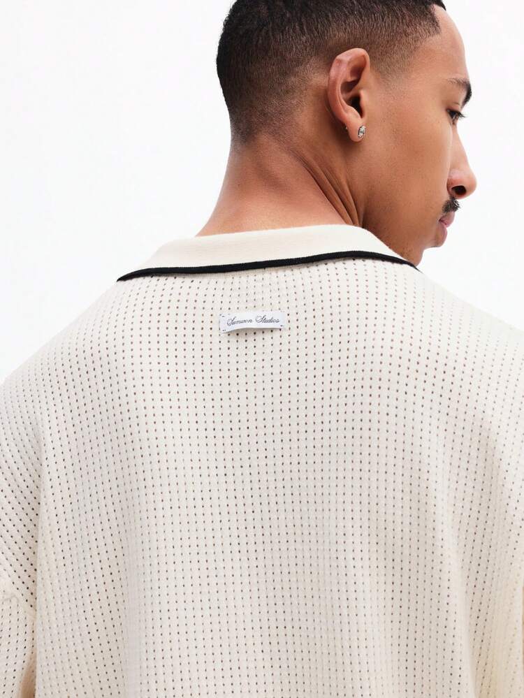 Men's Crop Fit Open Knit Resort Polo With Collared Neckline And Short Sleeves Summer Casual Top