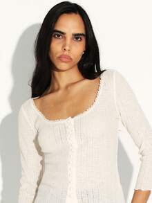 KSTM Cárdigan de mujer de punto acanalado con botones delanteros y cuello en pico, manga tres cuartos - Albaricoque - Ver 4