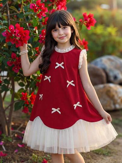 SHEIN Young Girl Woven Contrast Color Round Neck Mesh Ruffle Hem Sleeveless Casual Dress Party Dress For Young Girls Elegant Red Dress For Young Girls With White Ruffle Collar And Pearl Embellishments Perfect For Special Occasions And Parties Daily Wear, Wedding Season Dress, Valentine's Day, Flower Girl Dress Flower Girl Dress For Wedding, Party, Prom, Holiday, Spring Break, Valentine's Day, Flower Girl, Cute & Elegant & Sweet & Vintage & Fashionable.