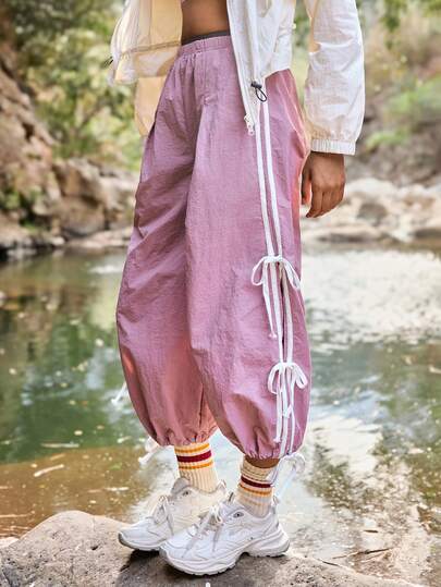 WanderVale Women's Elastic Waist Knotted Design Casual Versatile Daily Wear Pants Parachute Pants For Women Drawstring Pants Flow Pants Loose Fit Pants For Women Sporty Pants HIKE,Casual,Spring, Summer For Women,Going Out