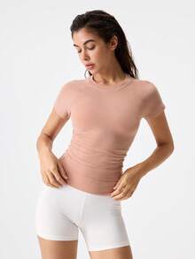 Loungeista 1件女款百褶式胸衣上衣，竹纖維短袖修身塑身T恤，顯瘦、透氣且舒適，適合夏季 - 藕粉色 - 查看 4
