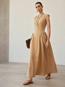 MOTF PREMIUM Vestido casual minimalista sin mangas con escote en V y cintura ceñida con patchwork - Marrón - Ver 6