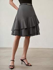 MOTF PREMIUM ASYMMETRICAL RUFFLE HEM GRAY SKIRT - Grey - View 4