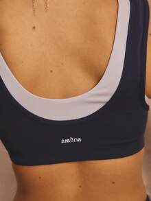 Aralina Leisurewear Active Women's Double Layer Contrast Colour Scooped Neck Detail Cropped Gym Workout Top - Blue - View 4