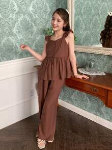 DAZY Tween Girl Solid Color Ruffle Hem Blouse And Pants Set - Brown - View 6