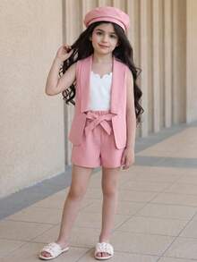 Emery Rose Kids Emery Rose Kids 2 Stücke/Set Kleine Mädchen Strickjacke in Einfarbig und Jumpsuit mit Kontrast-Farbe und Kapuze - Pink - Übersicht 5