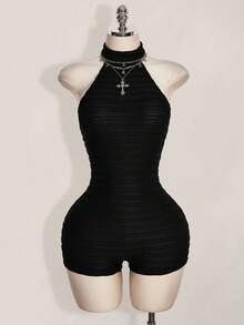 SHEIN ICON 2026 New Arrive Women's Black Halter Backless Bodycon Turtleneck Jumpsuit, Casual Basics,Spring&Summer - Black - View 4