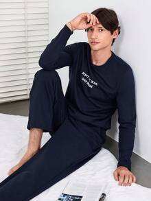 RueChic 100%Cotton Men Slogan Graphic PJ Set - Navy Blue - View 3