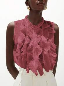 Aveloria Modichic Áo không tay kiểu Pháp thanh lịch, lãng mạn, đa năng dành cho nữ, màu trắng, chất liệu voan mỏng, có họa tiết nhăn, cổ áo xếp tầng nhiều lớp. - Màu Hồng baby - Xem 6