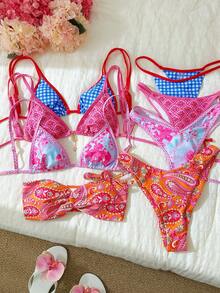 Swim Mod Set de 2 piezas de bikini de tiras finas y corte alto con estampado aleatorio para mujer en verano - Multicolor - Ver 3