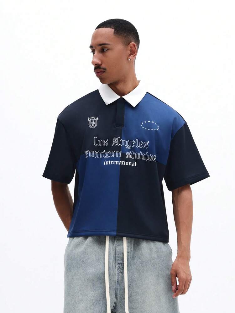 Herren Poloshirt mit Farbblockdesign und Los Angeles Studios Aufdruck, Loose Fit Kurzarm Kragen Oberteil