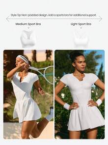 GLOWMODE Ace The Day Half-Zip Placket Tummy Control Built-In Shorts Cap Sleeves Side Pockets Anti-Slip Grips Tennis Dress Low Impact Tennis Golf Pickleball Daily Casual Wear - White - View 9