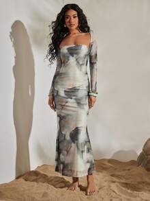 Opulessa Đầm dài tay ôm dáng, chất liệu lưới dệt kim in họa tiết, cổ áo có thể biến đổi, dành cho nữ, thích hợp cho mùa xuân/hè. - Màu Xám nhạt - Xem 2