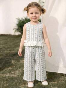 SHEIN 女婴可爱碎花吊带背心和裤子套装，夏季假期 - 彩色 - 查看 1