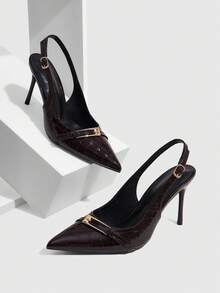 CUCCOO SZL 四季新款鳄鱼纹大纽扣尖头细跟凉鞋，金属纽扣后跟通勤鞋，红色内里高跟鞋，职场百搭女鞋 - 咖啡棕 - 查看 1