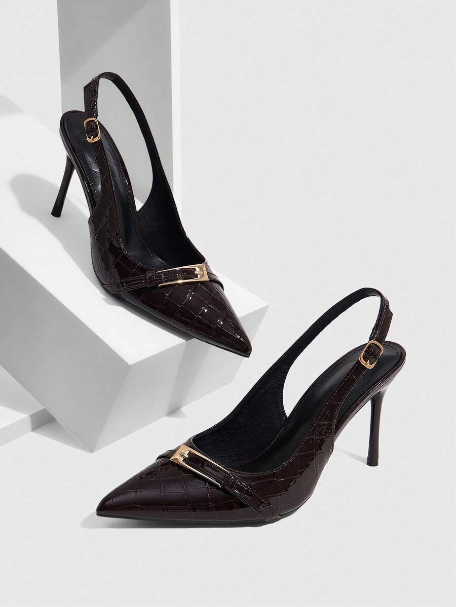 CUCCOO SZL 四季新款鳄鱼纹大纽扣尖头细跟凉鞋，金属纽扣后跟通勤鞋，红色内里高跟鞋，职场百搭女鞋 - 咖啡棕 - 查看 1