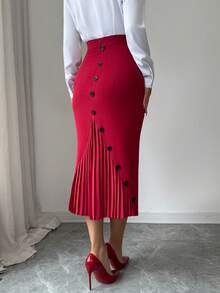 Elenzga 女士优雅修身褶裥铅笔裙 - 紅色 - 查看 6