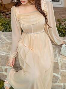 女士纯色方领长袖人字纹饰边优雅连衣裙 - 杏色 - 查看 8