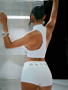 Denimoi High Neck Bodycon Racerback Tank Sexy Tops GNO Fashionable Streetwear Everyday Wear - White - View 2